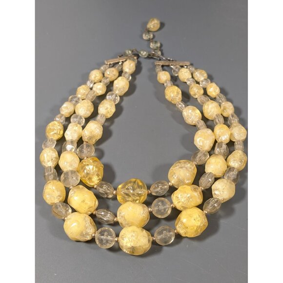 Vitnage Coro Butterscotch Yellow Lucite Bead Three Strand Neckalce Choker 16" - Picture 2 of 11